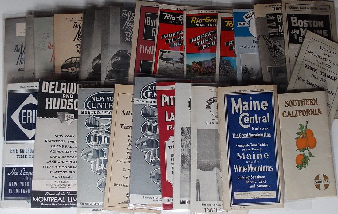 Railroad Timetables (24) 1890-1950s: A group of public timetables and one early Santa Fe travel booklet. The timetables vary by road and age: 6 New Haven, 3 B&M, 4 NYC related, CB&Q , 3 D&RGW, B&ML, D&H, one early Maine Central about 24