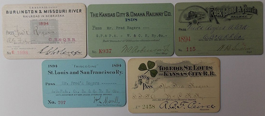Railroad Annual Passes (5): B&MR, KC&O, RI&P, SL&: This group of passes includes: (1) 1894 Burlington & Missouri River – CB&Q logo as watermark (2) 1898 Kansas City & Omaha (3) 1894 Rock Island & Pacific – fine locomotive vignette (4) 1894 St Loui
