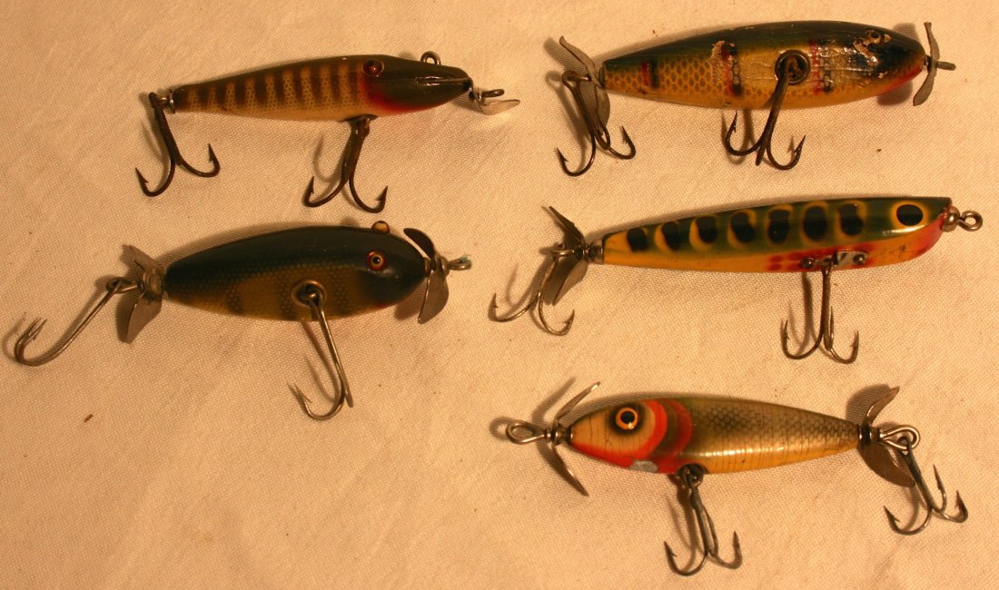 Fishing Lures: Five Fishing Lures, various styles, sizes, and makers