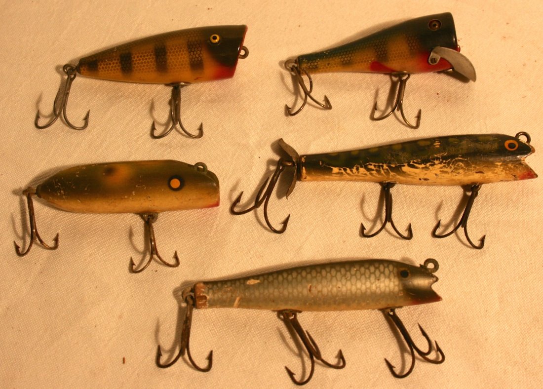Fishing Lures: Five fishing lures, various makes, and sizes