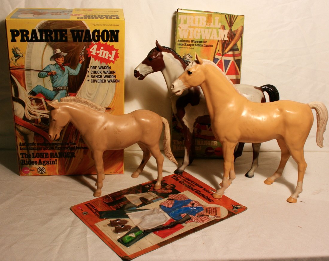 Marx toys: Lone Ranger series: Marx toy- Lone Ranger series, Prairie wagon in orig. box, Tribal Wig-Wam, orig. box, 3 horses, The Crooked Gambler , org. box