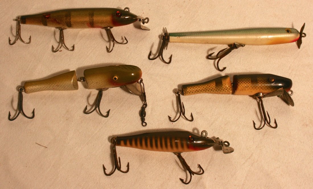 Fishing lures: 5 Vintage fishing lures,various styles, makers, & sizes
