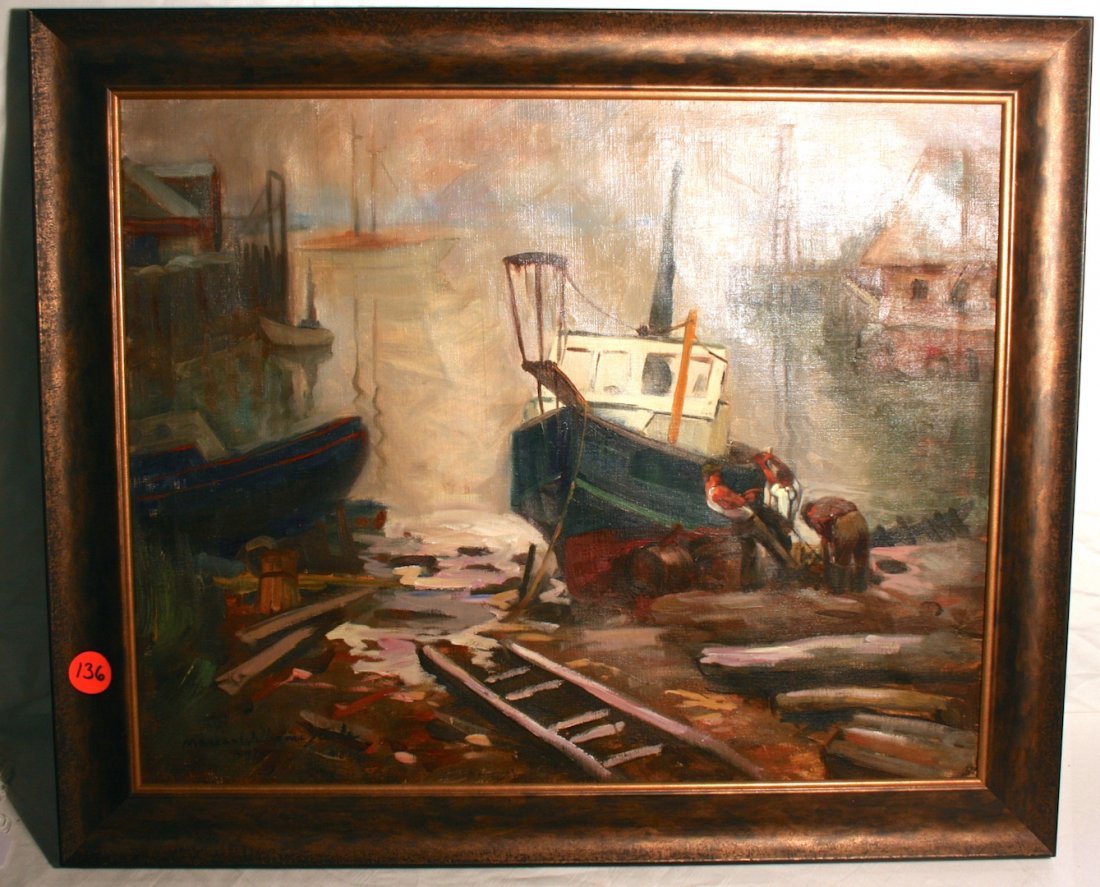 Oil on Canvas, by N.E. artist Marian E Williams Steele: Gloucester Harbor 1947, oil on canvas, by Marian E Williams Steele, reframed, repairs, #24/30