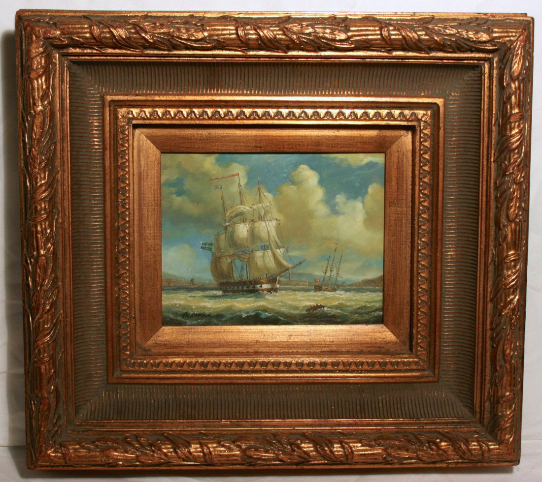 Painting, Oil On Board: Ship Painting o/b full mastmilitary gun ship, personnel, flag, smaller boats no sails no flags, other boats in harbor scene, signed H Parker, ca 1858-1930, 7"x9", lg gold gilt frame
