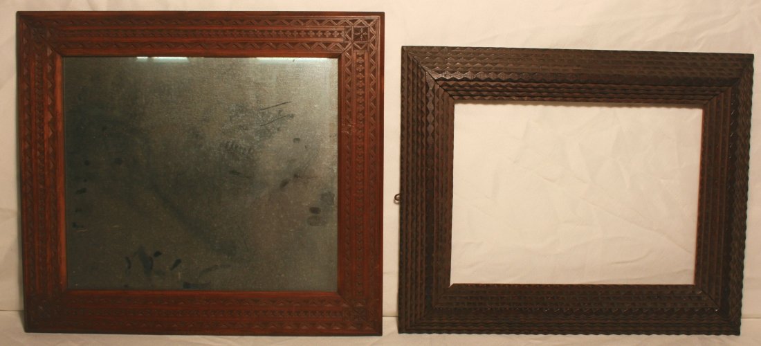 Frames, Tramp art & chipped carved: Two Frames, one Tramp art style, 16'x13", one chip carved with mirror, 16.5"x14.75"