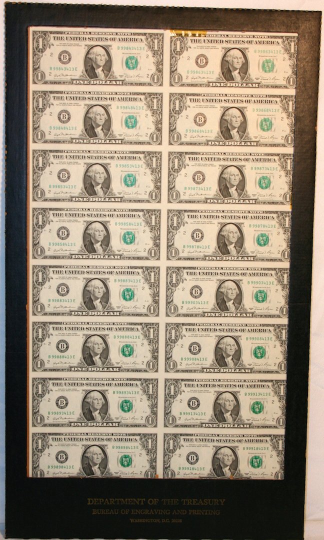 Currency: uncut Dollars: Sheet of Uncut One Dollar Bills, 1981, 16 total, mounted in original packaging