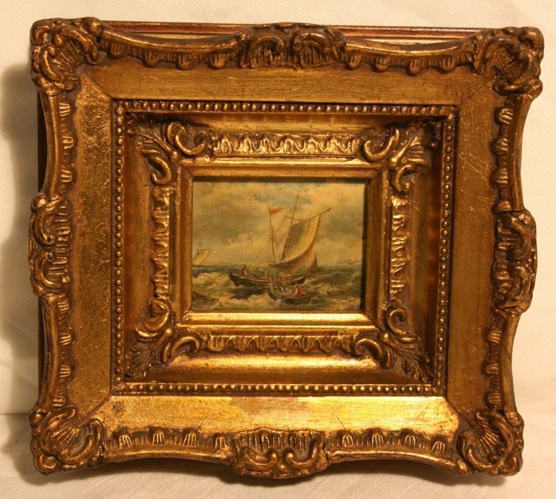 Painting on Board: Miniature Painting Sea Scene on board, 5 sailboats, 1 w/lg flag and full sails, repaired frame