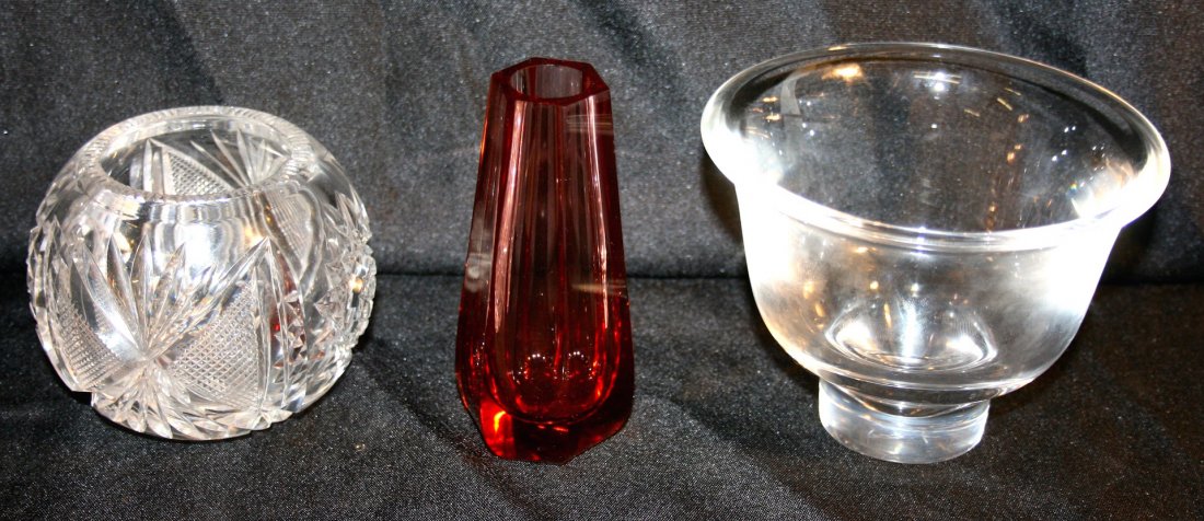Steuben, Moser, Cut Glass: Three Pcs Glass: Steuben Vase, Moser pink vase, Clear Cut glass Rose bowl.