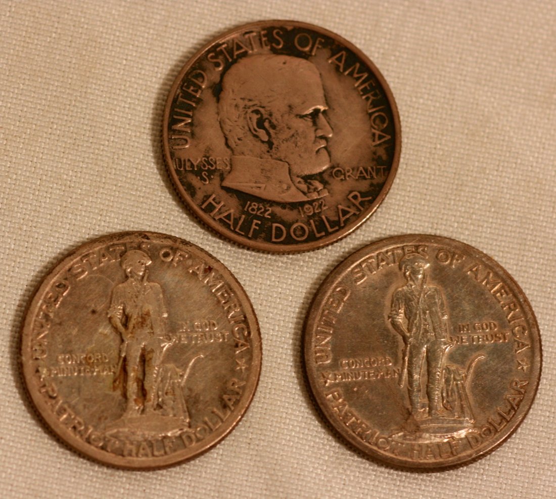 Coins, 3 Half dollars: 3 Half dollars, 1922 US Grant Comerative, fair, 2 1925 Patriot halves, 1 better than the other