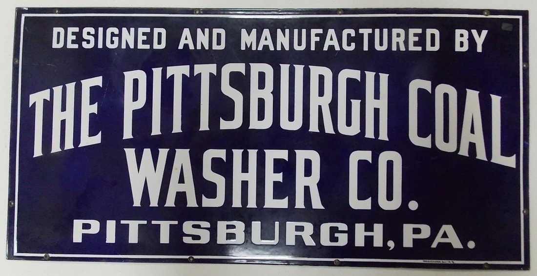 Pittsburgh Coal Washer " Porcelain Sign: A wonderful Pittsburgh Coal Washer Company porcelain sign. It measures 36" by 18". Nice lettering in an arc. Very clean. Small Ingram-Richardson Beaver Falls PA maker hallmark on lower right corner.