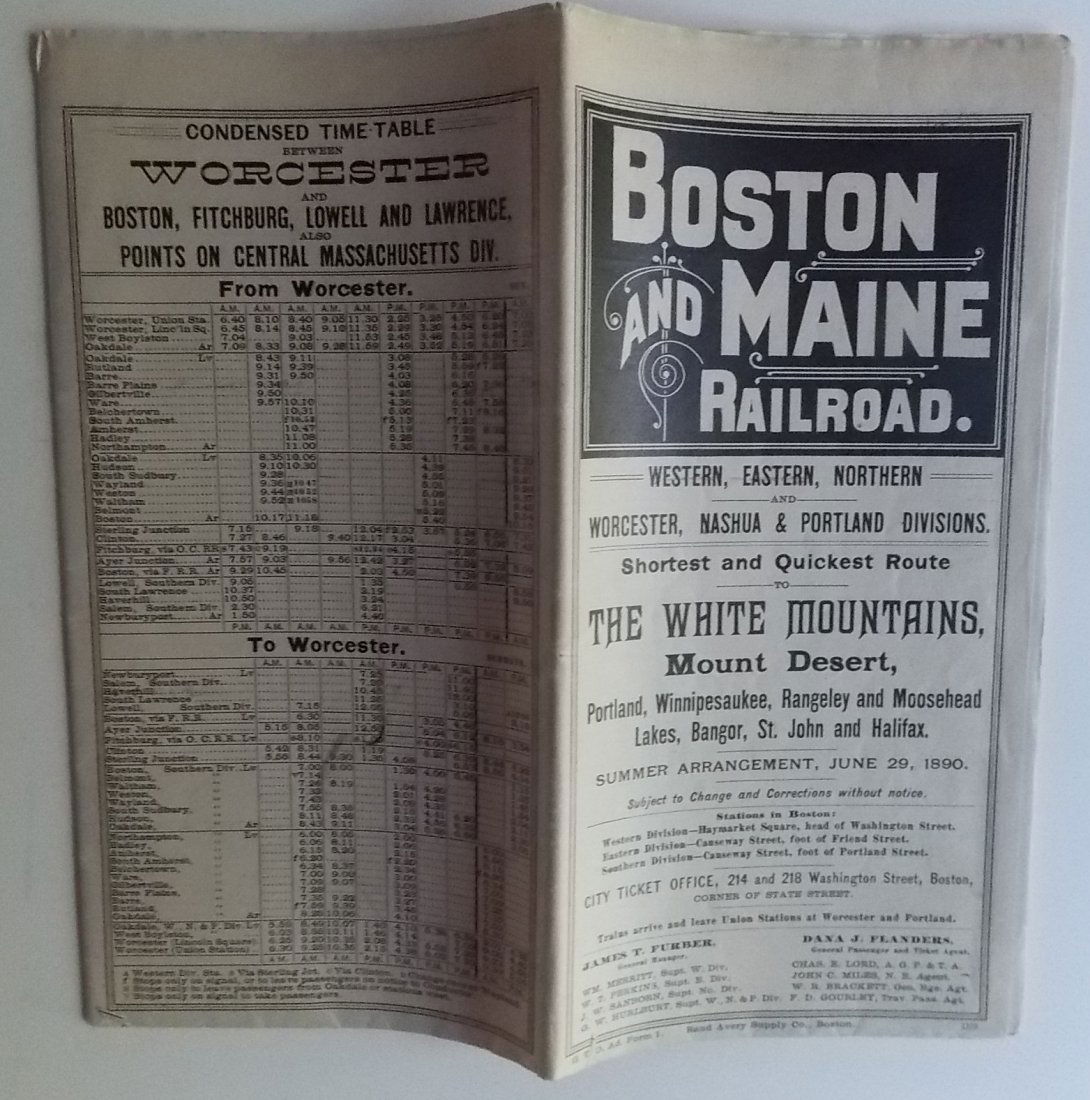 Boston & Maine Railroad 1890 Timetable: A fine public timetable from 1890 dated to June 20. It's probably the Summer issue and it is a complete system timetable with all "Local" schedules included There is also a nice map. This timetable wo