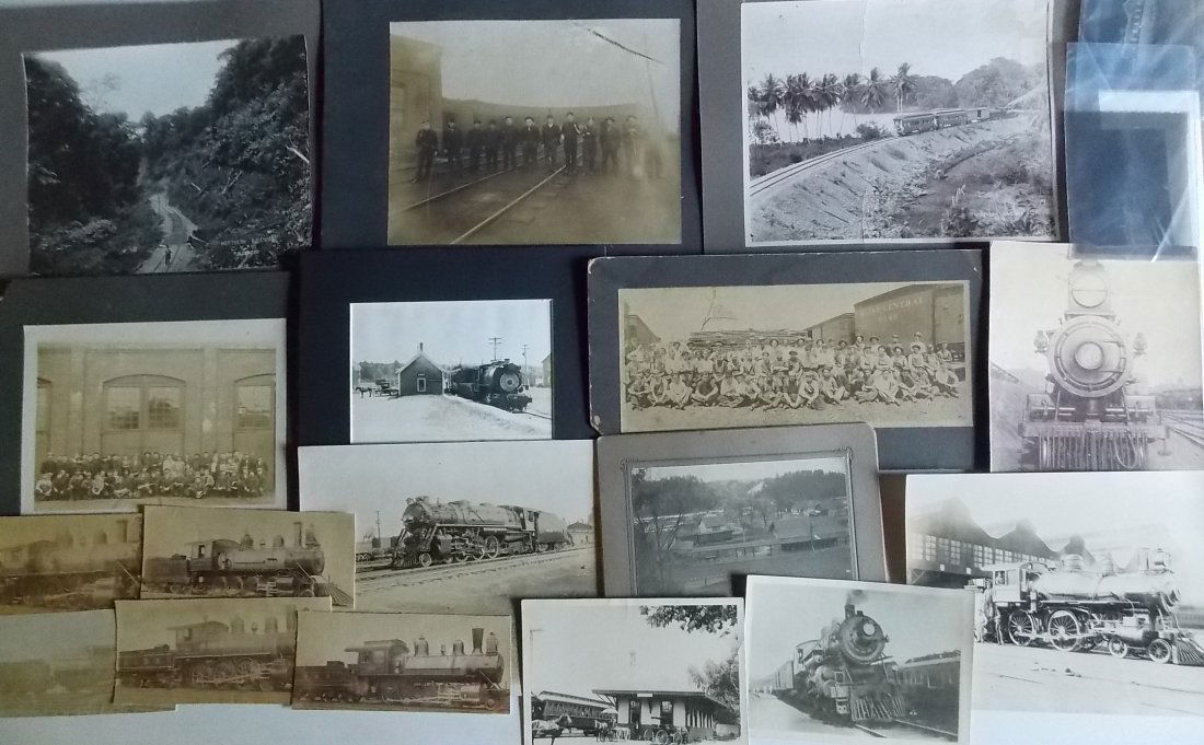 Railroad Photographs " some mounted on boards: Railroad photographs that include: 6 mounted older photos: 2 of East Deerfield (B&M) with employees, 2 of N RY " tropical theme (Costa Rica?), , a fine crew shot with MEC and NYC box cars and lumber,