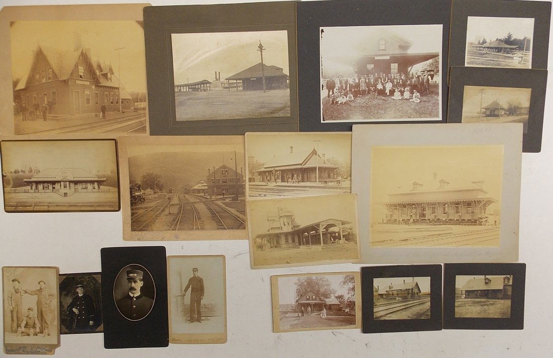 Old Railroad Photographs: Depots & Employees (17): A group of railroad depots and employee studio photographs. The depots include: Whitesboro (NY?), Newport New Hampshire, Rochester, NH, Littleton MA (Harwood Station " still standing), Bellows Falls V