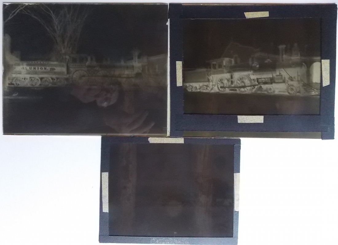 Glass Negatives Locomotives (3) B&W "Wellington": 3 glass negatives of locomotives. Two are 8 by 10: (1) The "Union" built for the Boston & Worcester and built by W. M. Mason in Taunton, Mass. (2) #14 with ventilated cab roof. NP on a nearby box car 