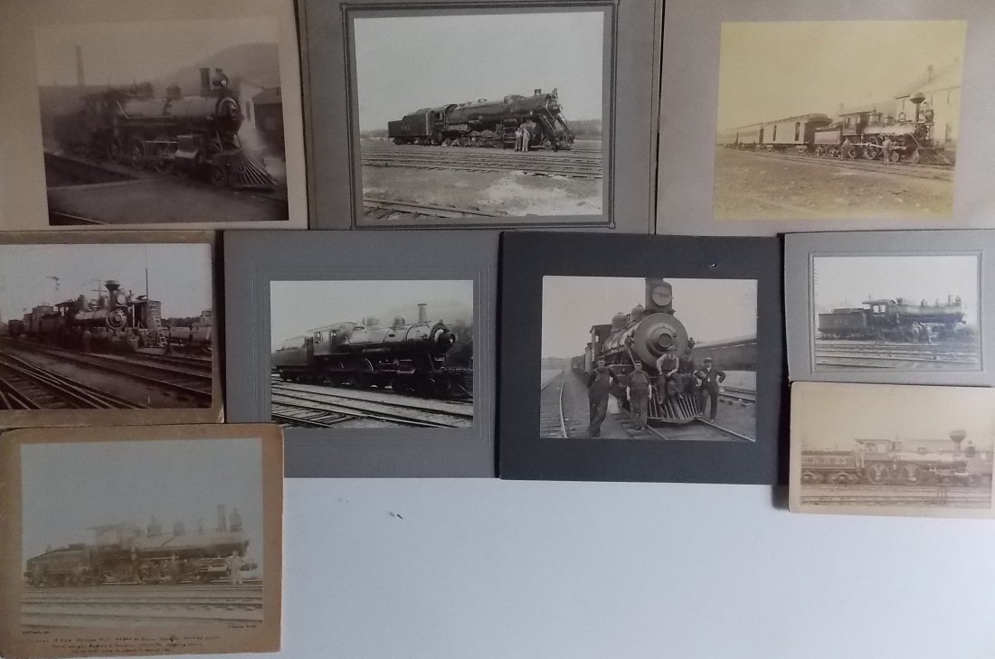 Mounted Photographs Railroads B&M & Pred (9): A group of mounted photos from the Boston & Maine Railroad and its predecessors. Some nice early material like a Northern RR #23 4-4-0, B&M #316 Manchester 0-6-0, SS Thompson 4-4-0, M&WR #13 4-4-0, C&