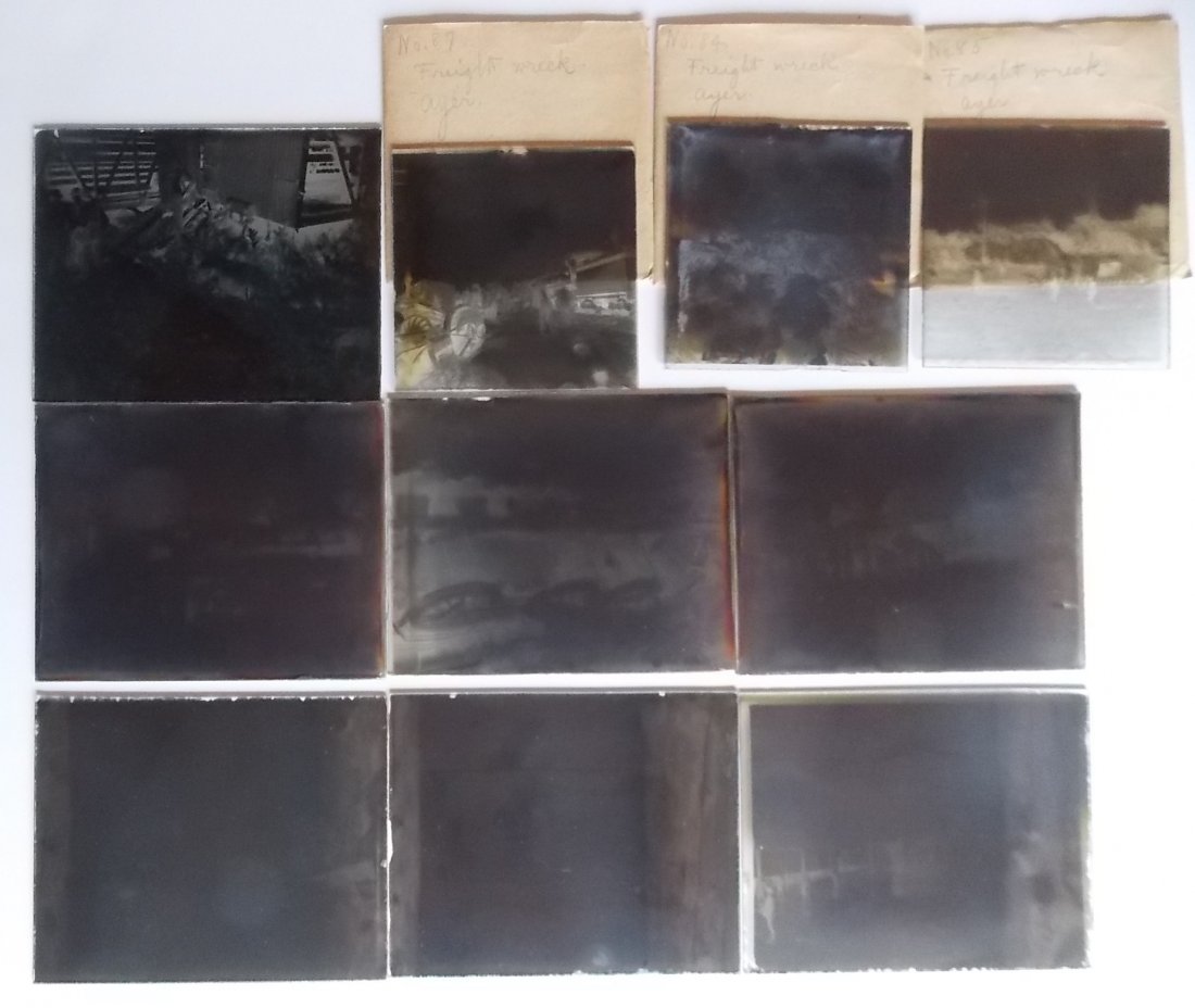 Train Wreck Glass Negatives / Photo (10): A group of 10 photographic glass negatives. There are two groups: (3) 3 Â½ by 3 Â½ all from a "Freight Wreck" in Ayer, Mass (4) 5 by 4 all from one disaster in Keene, New Hampshire. The balance co