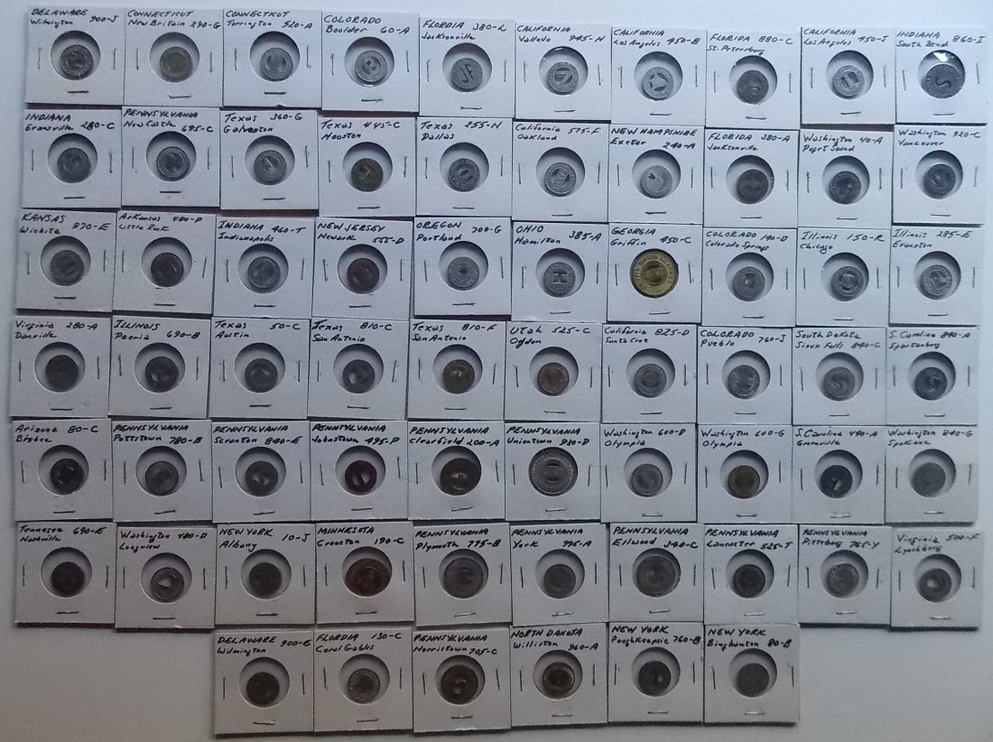 56 Transit & Trolley Tokens: About 56 transit and trolley tokens. All are in stapled coin holders. I saw no duplicates. Locations vary but I did see quite a few Pennsylvania, Texas, California and more. Please see the pictures fo