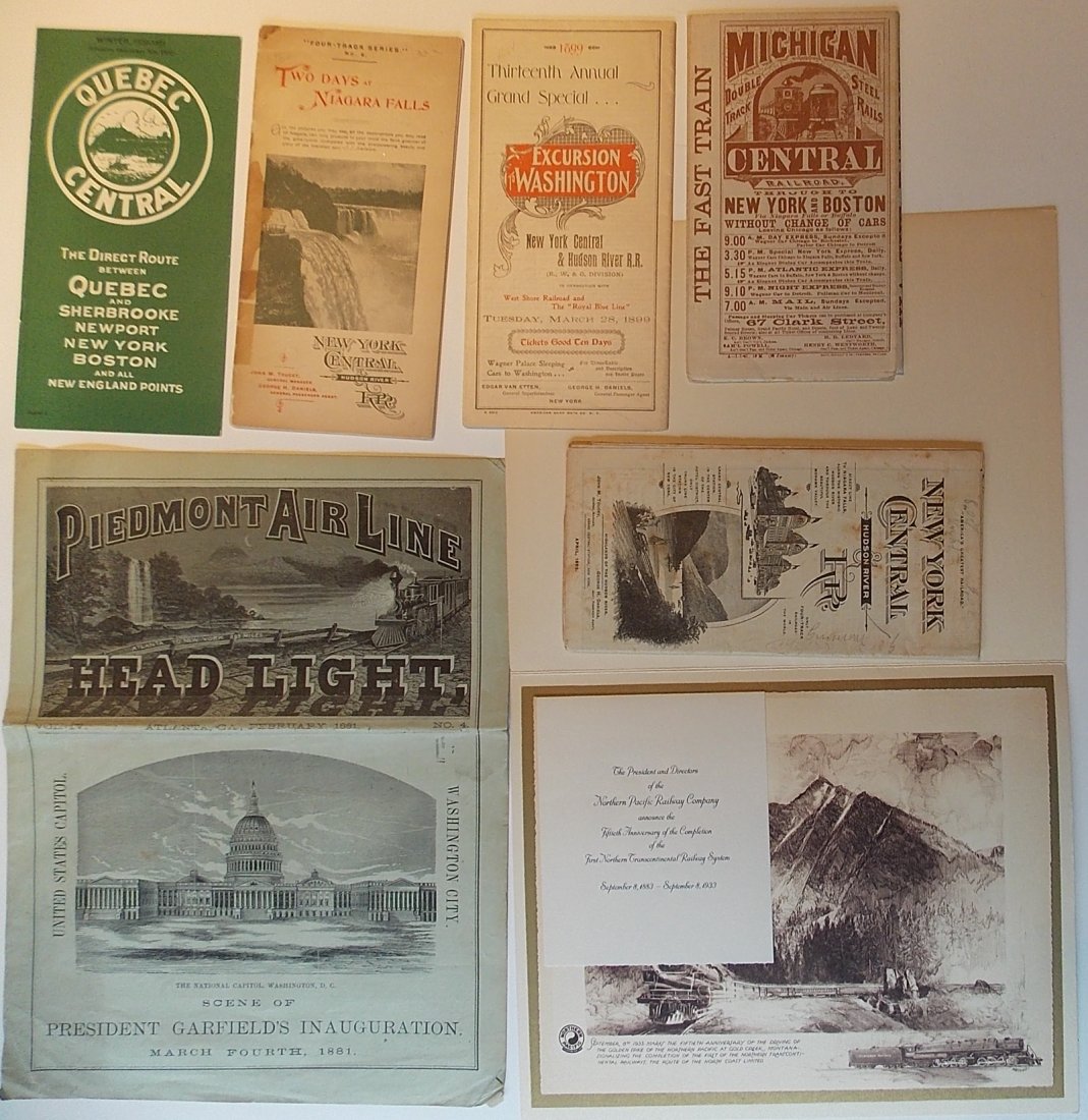 Travel Folders: 7 NYC, QC, Mich Cent: A group of travel folders and timetables: New York Central Excursions, Niagara Falls (worn, stains) Quebec Central timetable, Michigan Central timetable - nice