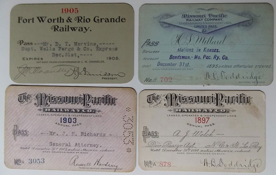 Western Railroad Passes (4) FW&RG, MoPac (1 of 2)