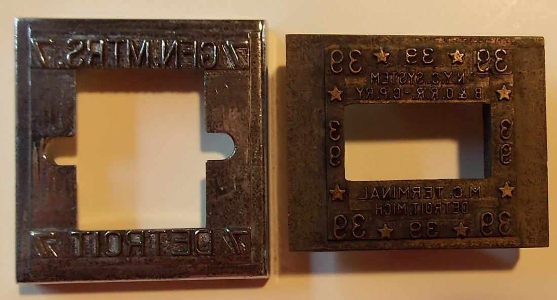 Dater Dies Detroit (2) NYC, B&O, CPR: 2 brass dater dies from Detroit Michigan (1) large new plated #7 (2) New York Central Railroad Baltimore & Ohio Railroad, Canadian Pacific Railway - Michigan Central Terminal joint service #39 One pic
