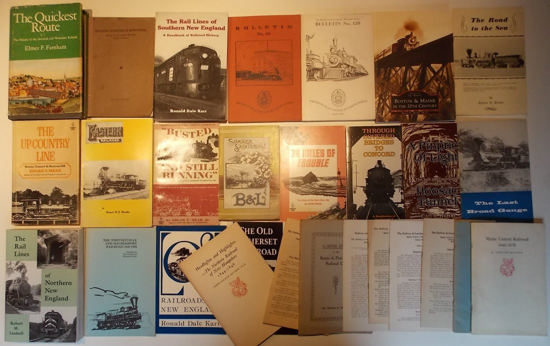 New England based Books & Bulletins: A large group of 30+ books and bulletins on New England subjects most are softcovers. Some have some wear and some are like new. The Boston & Lowell 1888 booklet is a reprint. Some odd and unusual ite