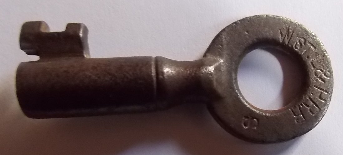 Wabash St Louis & Pacific Switch Key: A steel key with WStL&PRR and an "S" stamped on the front. It has a faint hallmark and 3078 stamped on the reverse. I think it's a Bohannan. It looks like one of theirs with a nice tapered barrel.