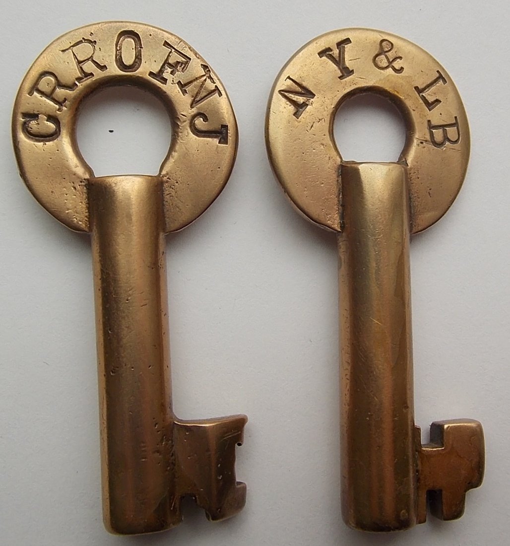 2 Brass Switch Keys: CRRofNJ, NY&LB (1 of 2)