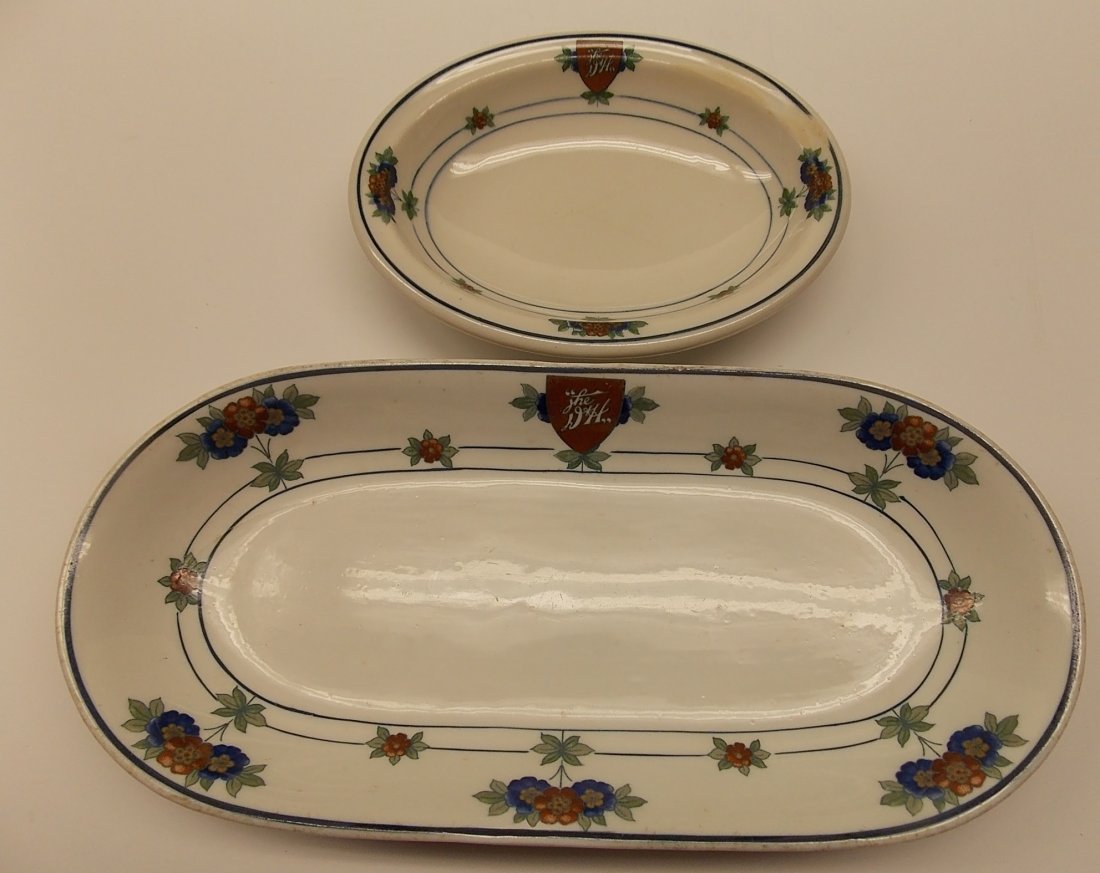 Delaware & Hudson Canterbury China 2: 2 pieces of Delaware & Hudson Railroad china in the "Canterbury" pattern. Both have Syracuse manufacturing marks. Both have the D&H shield logo on the top. (1) 9 3/4" by 4 5/8" celery with the a date