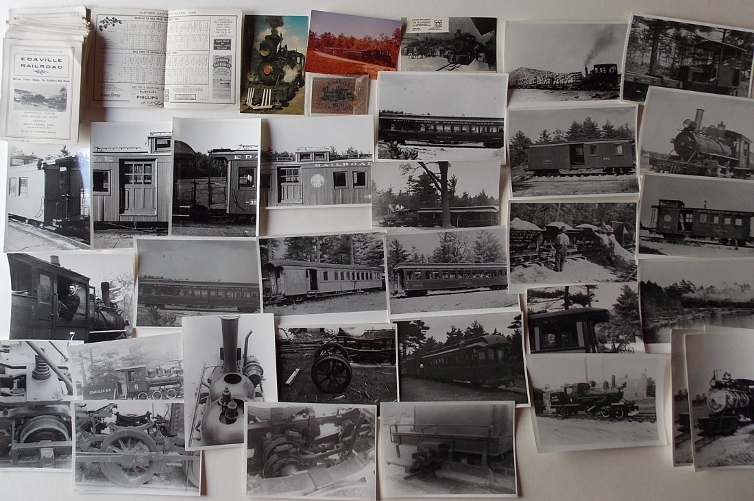 Edaville Railroad Timetables & Photographs (200): Edaville was a railroad created in Carver, Massachusetts as a place to collect, restore and operate Maine 2 foot narrow gauge railroad items. Ellis D. Atwood was the creator. This lot contains: about 