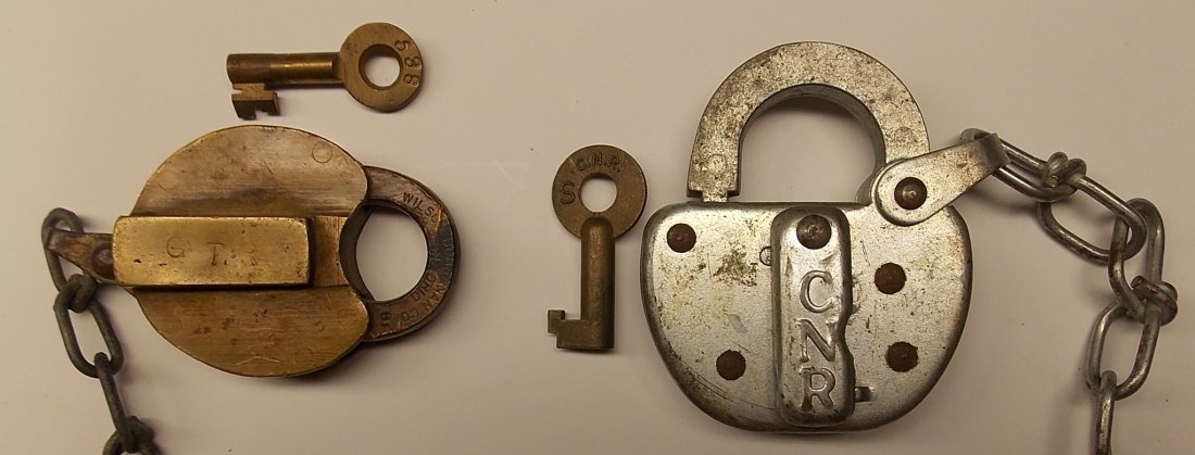 Grand Trunk & Canadian National Locks with Keys: Grand Trunk and Canadian National lock and key sets. The GTR is shop stamped GTR on the dust cover. It is a Bohannan "81" model lock. It also has something like "I" 808 LTD stamped on the shackle. It'