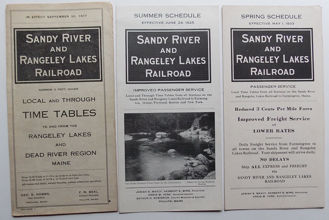 Sandy River & Rangeley Lakes Timetables (3): 3 public timetables from the Sandy River and Rangeley Lakes narrow gauge Railroad in Maine. The 1919 his a tri-panel and the other two are single folds (2 panel). They all measure about 4" by 8". One 