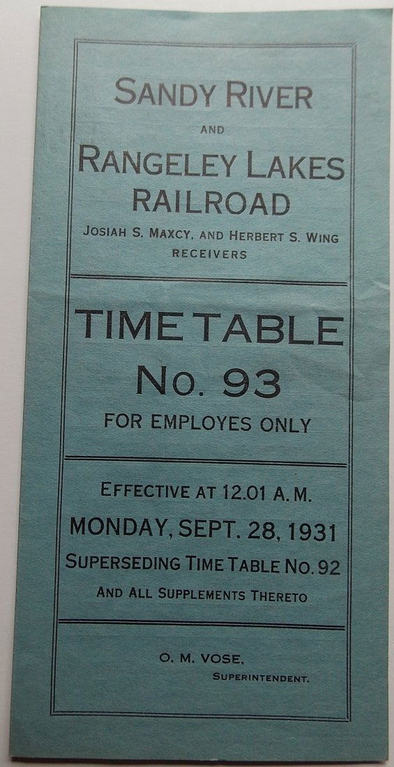 Sandy River & Rangeley Lakes Employee Timetable 1931 (1 of 2)