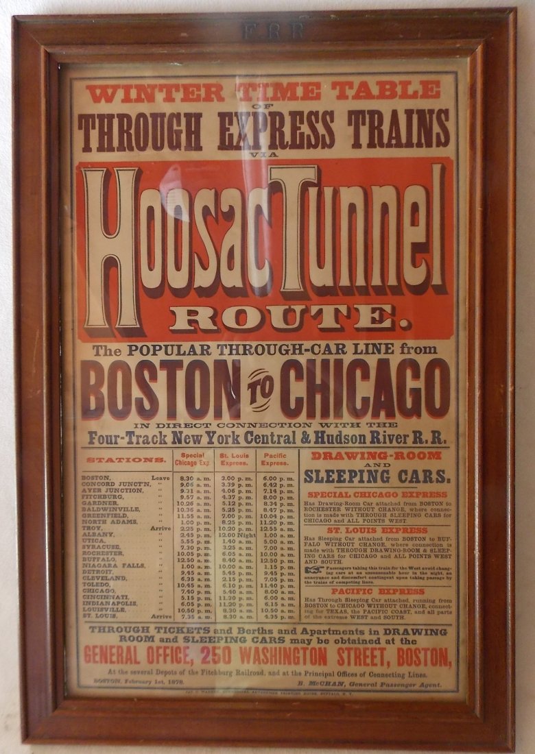 Fitchburg "Hoosac Tunnel" Framed 1878 Timetable (1 of 4)