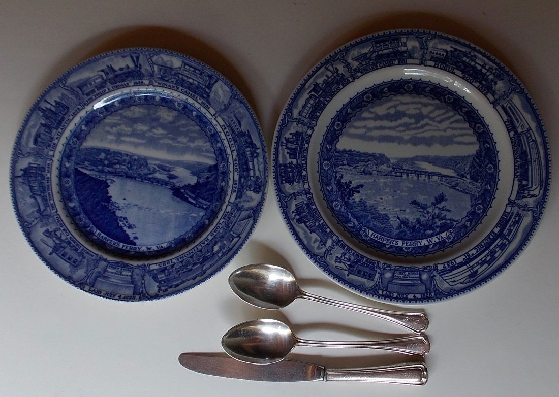 Baltimore & Ohio Railroad China & Silver: A group of china and silver from the B&O Railroad. One 9" plate with the shield back and "Pat Appl For". A 9 1/2" Shenengo plate and 3 pieces of silver flatware all in the same pattern. The knife blad
