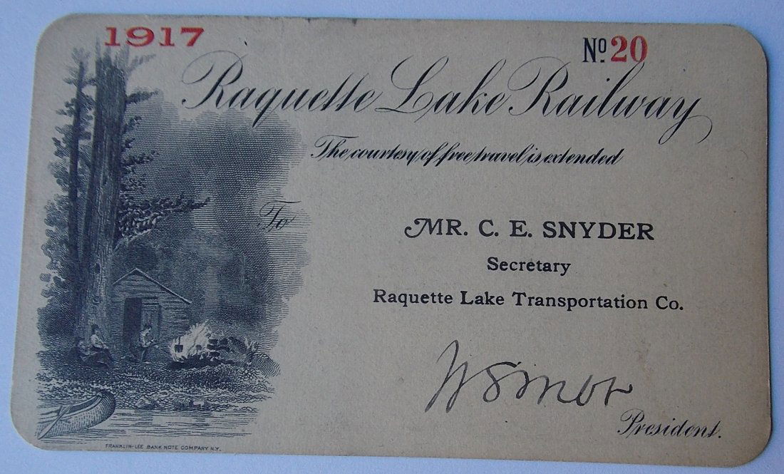 Raquette Lake Railway 1917 Annual Pass (1 of 2)