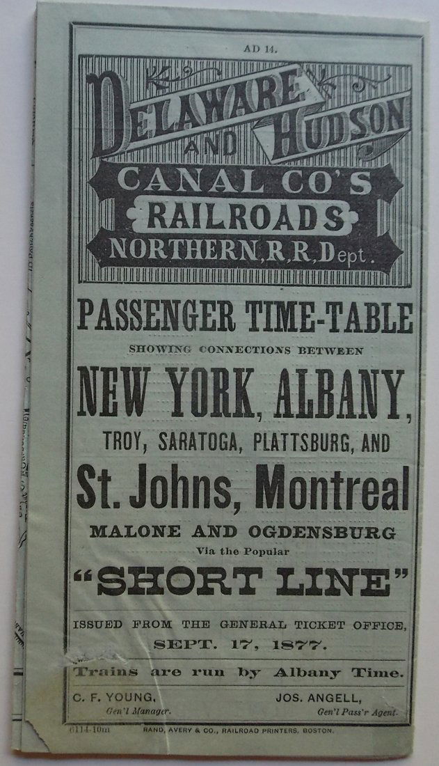 Delaware & Hudson Canal Company 1877 Timetable (1 of 3)