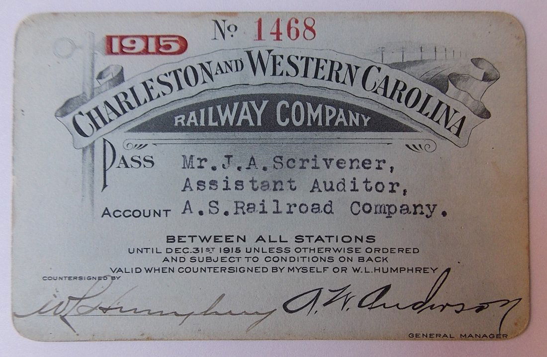 Charleston & West Carolina Railway Pass 1915 (1 of 2)