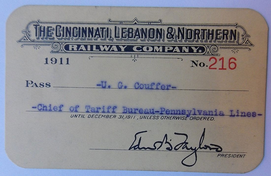 Cincinnati Lebanon & Northern Railway Pass 1911 (1 of 2)