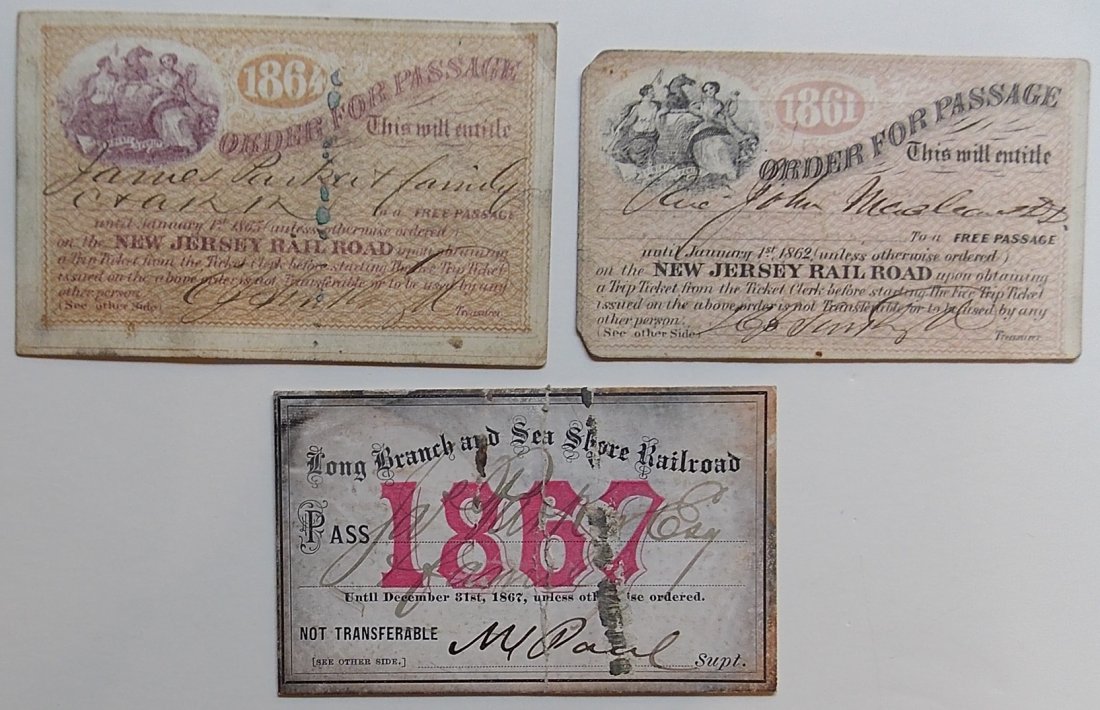 New Jersey Railway Annual Passes: A group of 3 annual passes from New Jersey: 1861 New Jersey with chip, 1864 New Jersey with crease, Long Branch & Sea Shore 1867 - odd wear