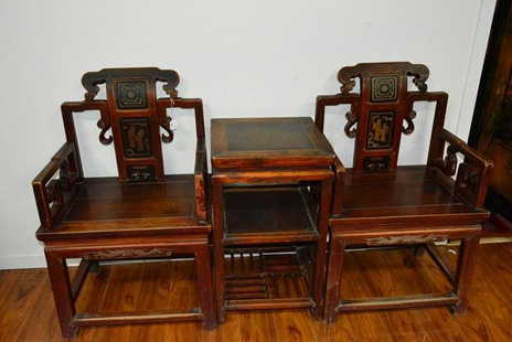 Karen Huang - Antique Chinese Rosewood Furniture French designed leather Chair 2 Mahogany wood Chairs with stand - Karen Huang - Antique Chinese Rosewood Furniture