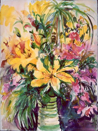 Watercolor Painting American Flower Dohm: 22" x 30" Unframed Watercolor Painting on 140 lb Cold Press Arches Paper. Gift of Lilies, By Ingrid Neuhofer Dohm Artist Biography: I paint in a representational and impressionistic style. I take my c