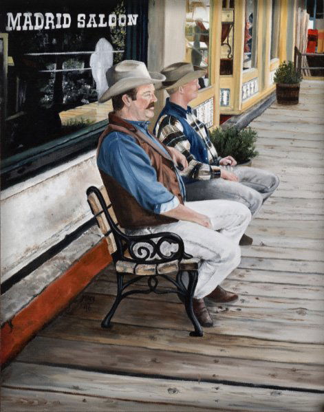 Print Canvas Cowboy Western by Rogers: 14.5" x 17.5" Framed Giclee on Stretch Canvas Print. Scene is from a photo taken in Madrid, New Mexico. The subject matter is two friends sitting on a bench on a boardwalk in front of shops. Frame is