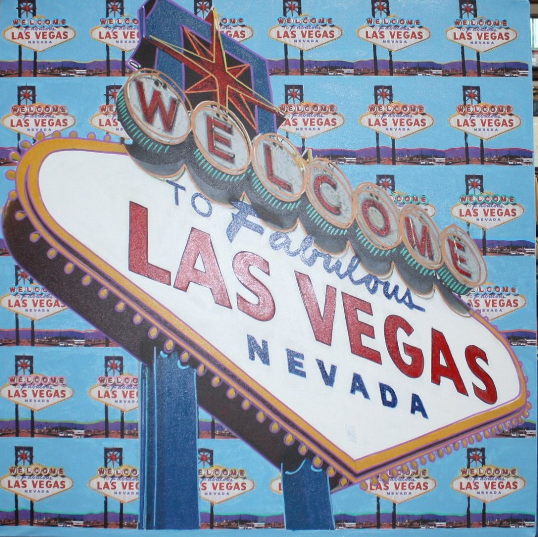 Original handpainted silkscreen "Welcome to Fabulous: Steve Kaufman (1960-2010) "Welcome to Fabulous Las Vegas-36Signs". Original Unique handpainted silkscreen on canvas. Centaur Gallery Cert. 4FT. X 4FT. Retails $12,500.
