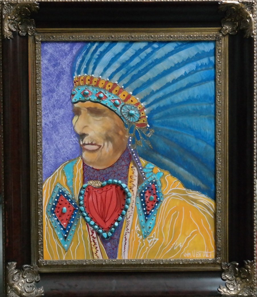 Original William Verdult oil on canvas"Dakota Wild: William Verdult "The Dutchmaster", "Dakota Wild Hoksh", oil on canvas bejeweled with turqoise. Circa 1980's, 24" x30". Appraised $225,500. Item was siezed from Germany's "Bernie Madoff" Half Billion D