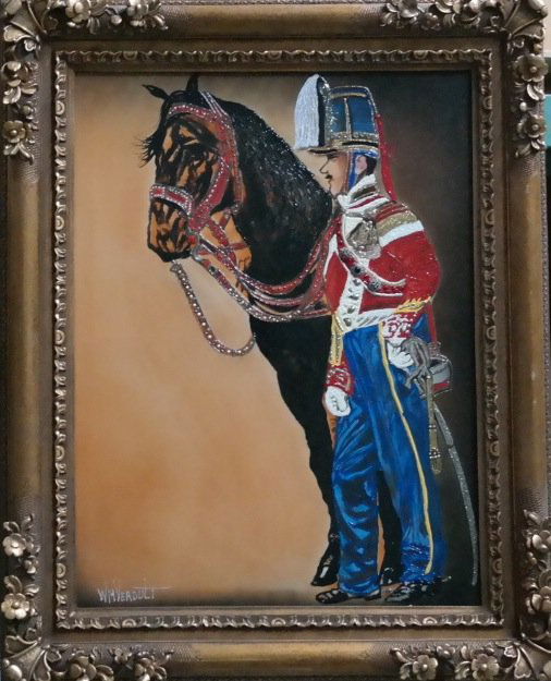Original William Verdult "Soldier of Arms", oil on: William Verdult "The Dutchmaster", "Soldier of Arms", oil on canvas, bejeweled. From Kings and Queens of Europe Collaction. Framed Appraised $235,500. Item was siezed from Germany's "Bernie Madoff" Ha