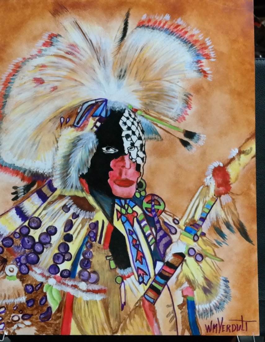 Original William Verdult oil on paper, "Native American: Original William Verdult "The Dutchmaster", "Native American in Fall Regalia", oil on paper. 22" x 28". Reg. #202-624. Rare Never seen original acquired from artist private collection. Appraised $78,0