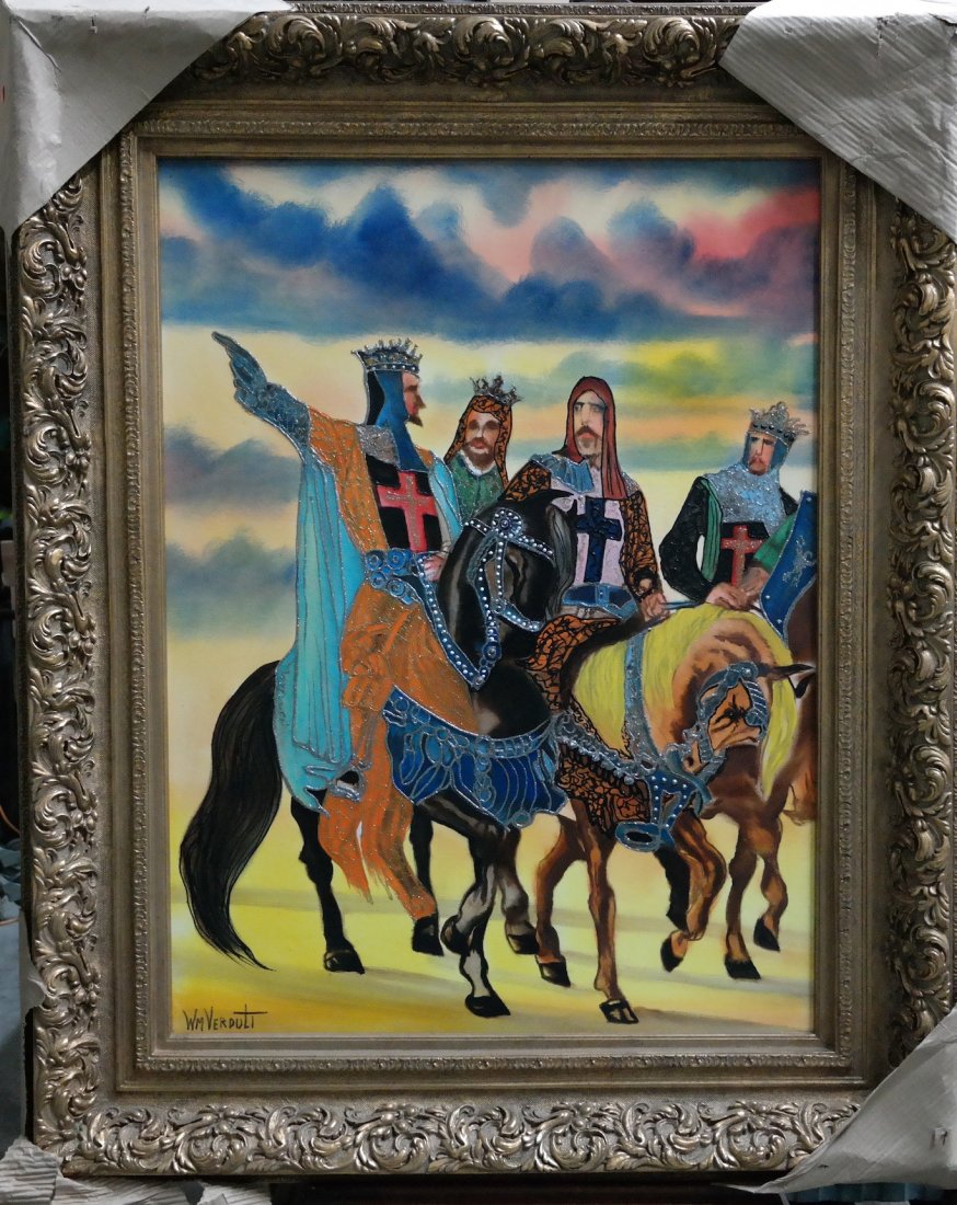Vintage Original William Verdult " Crusders"oil on: Original William Verdult "The Dutchmaster", "Crusders" oil on canvas, bejeweled. Rg.# 2242, 30" x 40". Framed. Appraised $337,000.Item was siezed from Germany's "Bernie Madoff" Half Billion Dollar Pon