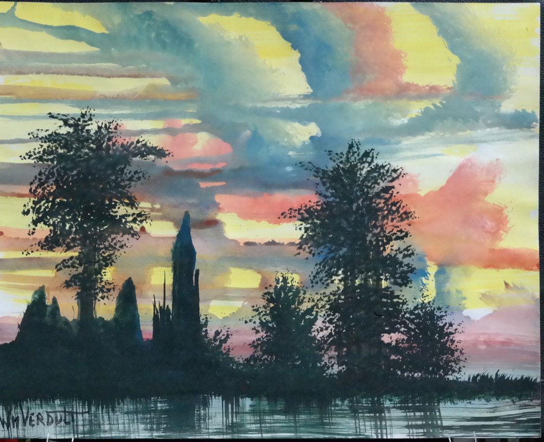 Original William Verdult oil on paper, "Secret Peaks": William Verdult "The Dutchmaster", "Secret Peaks"", oil on paper. Reg. # 11-13, 28" x 22". Appraised $42,000. Item was siezed from Germany's "Bernie Madoff" Half Billion Dollar Ponzi Schemer, Ulrich E