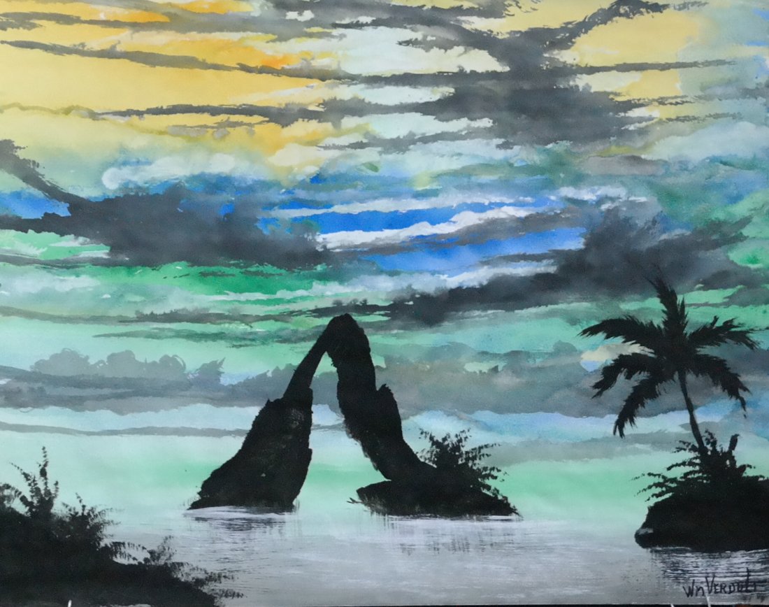 Original William Verdult oil on paper, "The Quiet: Original William Verdult "The Dutchmaster", "The Quiet Lagoonl", oil on paper. 28" x 22". Reg. #599. Rare Never seen original acquired from artist private collection. Appraised $67,000.Item was siezed