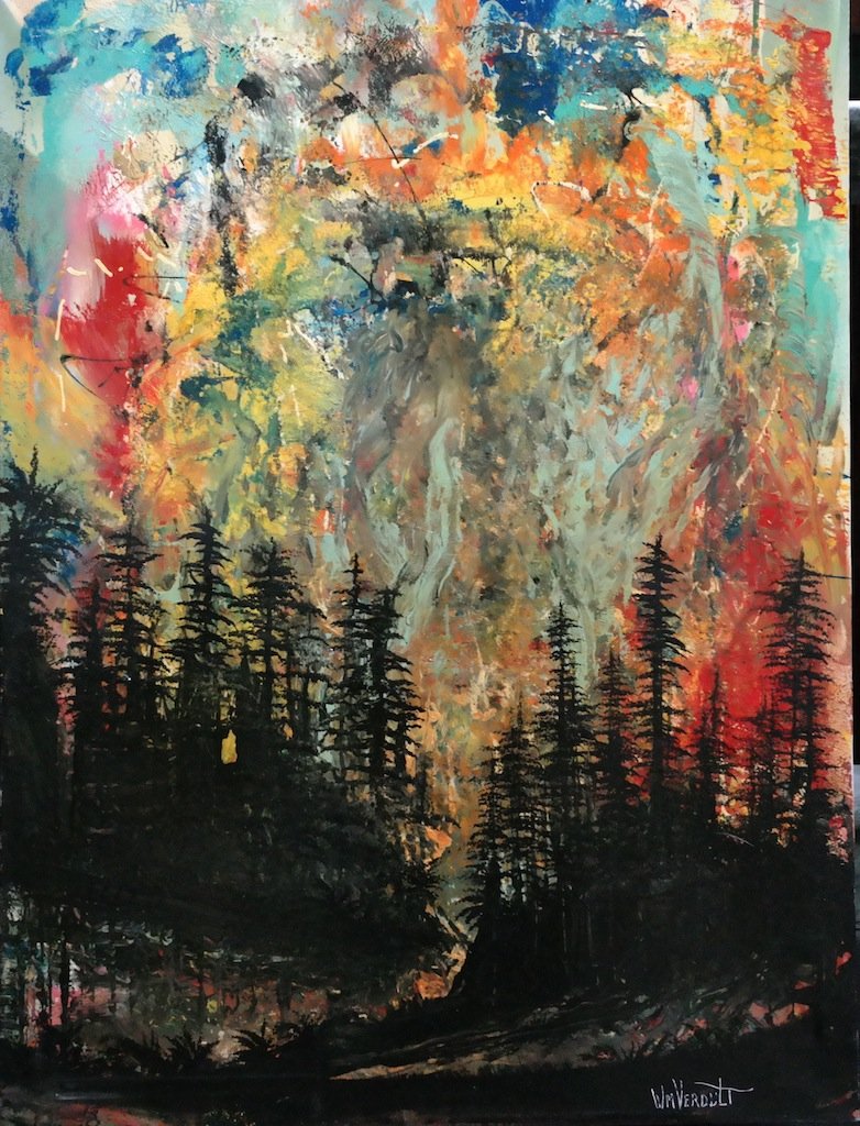 Vintage Original William Verdult "Forest Fire", oil on: Original William Verdult "The Dutchmaster", "Forest Fire" oil on canvas, Circa 1970's. Rg.# 0049, 36" 48". Appraised $180,000.Item was siezed from Germany's "Bernie Madoff" Half Billion Dollar Ponzi S